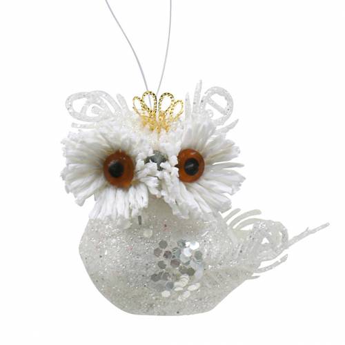 Decorative owl with crown to hang white, glitter 6.5 × 8cm 6pcs.