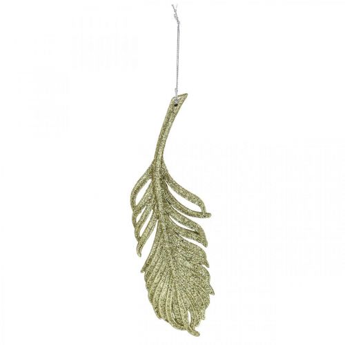 Product Decorative feathers, tree decorations with glitter, advent decorations, feathers for hanging golden L22cm 12pcs