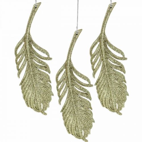 Product Decorative feathers, tree decorations with glitter, advent decorations, feathers for hanging golden L22cm 12pcs