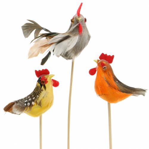 Floristik24 Rooster with real feathers on stick Orange, Yellow, Brown Assorted H5-6cm 12 pcs