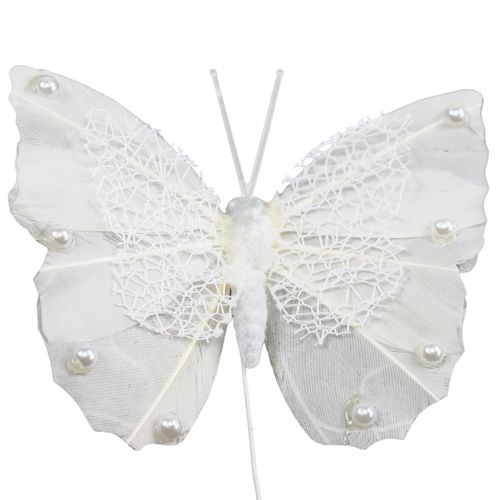 Product Feather butterfly 8cm with wire white 12pcs