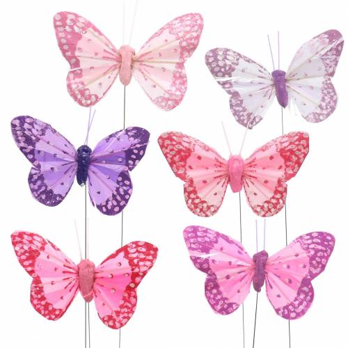 Floristik24 Feather butterfly on wire pink, purple 7cm 24pcs