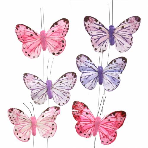 Floristik24 Feather butterfly metal wire pink, purple 7cm 12 p