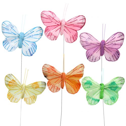 Feather butterfly on wire colored 6cm 12pcs