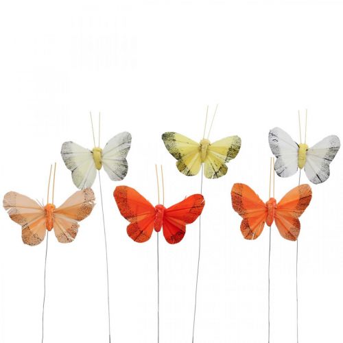 Feather butterfly on wire 5cm orange, yellow 24 pcs