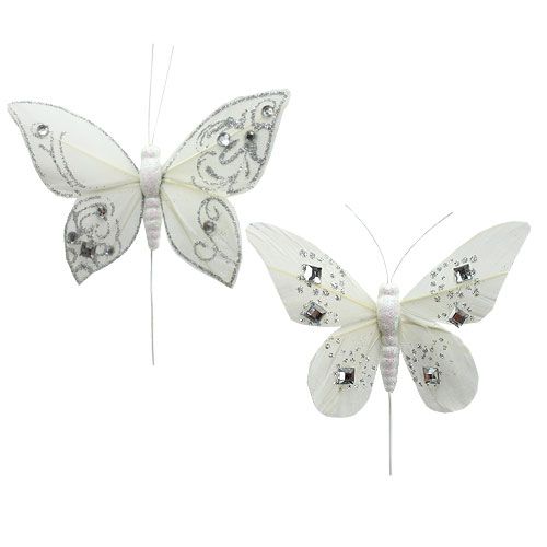 Floristik24 Feather butterfly with rhinestones, glitter white 10.5cm 4pcs