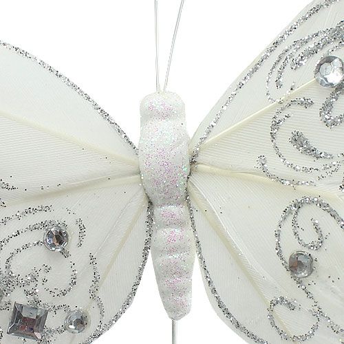 Product Feather butterfly with rhinestones, glitter white 10.5cm 4pcs