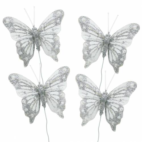 Floristik24 Feather butterfly white with mica 7.5cm 4pcs