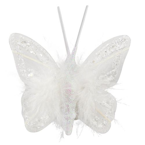 Feather butterflies on clip white glitter 5x4.5cm 4 pcs
