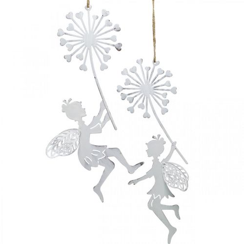 Fairy with dandelion, spring decoration for hanging, metal pendant white, silver H25.5/27.5cm 4pcs