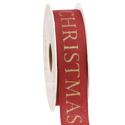 Festive Christmas ribbon in red with golden &#39;Merry Christmas&#39; lettering Width 25mm Length 15m