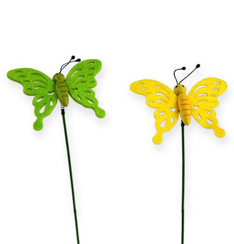 Floristik24 Felt butterfly on stick 7cm green / yellow 24pcs