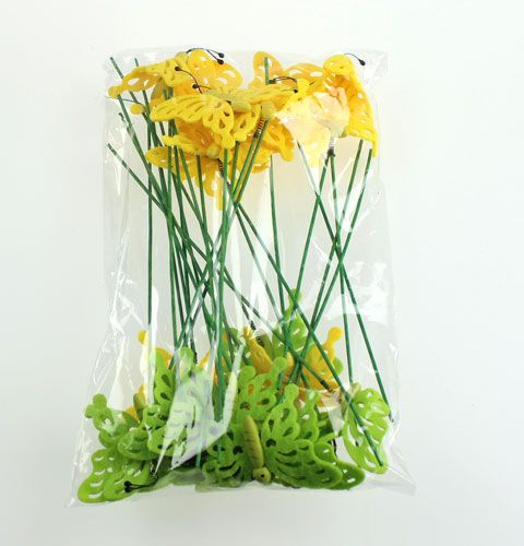 Floristik24 Felt butterfly on stick 7cm green / yellow 24pcs