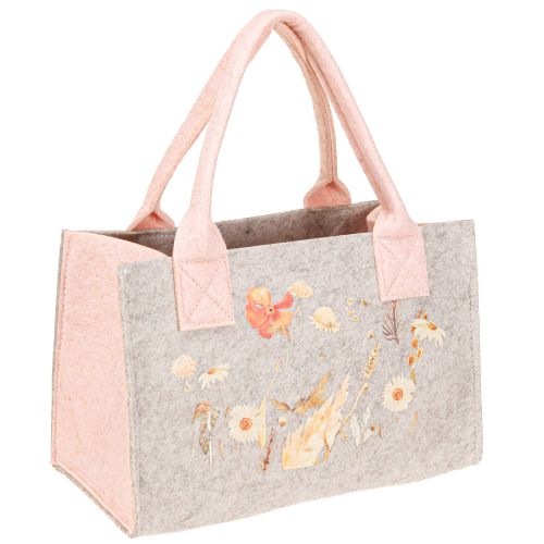 Floristik24 Felt bag with flower motif – Sustainable gift &amp; shopping bag in grey &amp; pink 26cm 2pcs