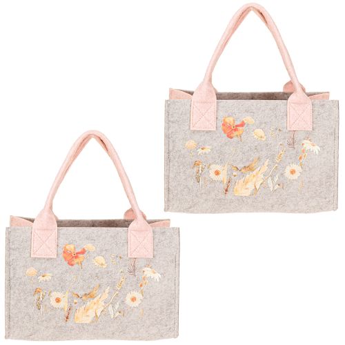 Floristik24 Felt bag with flower motif – Sustainable gift & shopping bag in grey & pink 26cm 2pcs