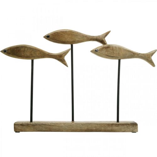 Maritime decoration, decorative sculpture, wooden fish on a stand, natural colour, black H30cm L45cm