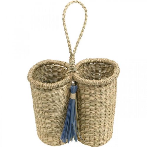 Floristik24 Bottle holder made of seagrass, braided bottle basket, balcony decoration, decorative basket for hanging nature, blue H20cm W22cm
