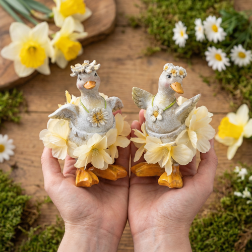 Product Decorative duck figurine in a floral dress, spring, detailed summer decoration accessory, 11cm, 2 pieces