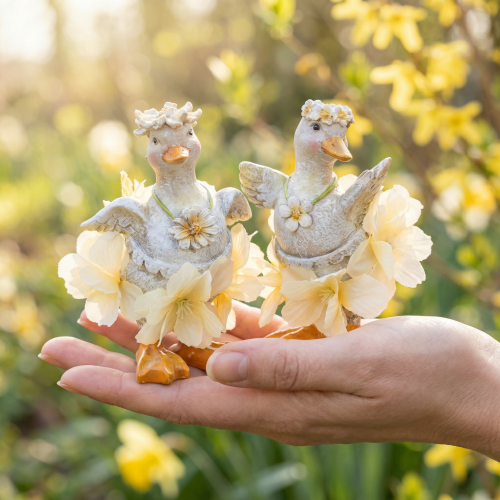 Product Decorative duck figurine in a floral dress, spring, detailed summer decoration accessory, 11cm, 2 pieces