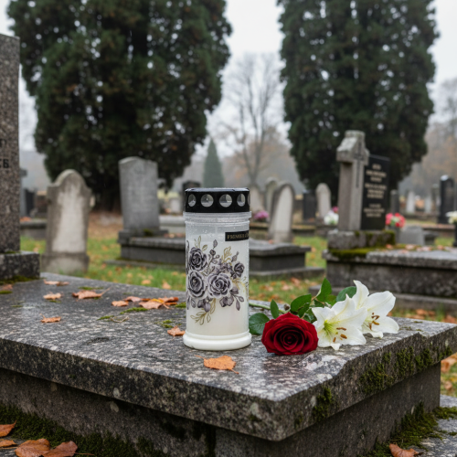 Product White grave candles with floral motifs, Ø7.5cm H16.5cm, 6 pieces