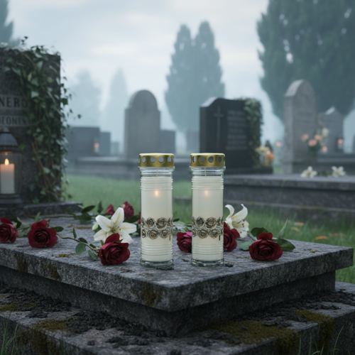 Product Grave candles white roses mourning light Ø7cm H23,5cm 100h 2pcs