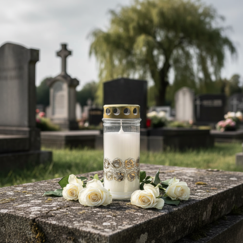 Product Grave candle white roses gold mourning light Ø7cm H18cm 77h