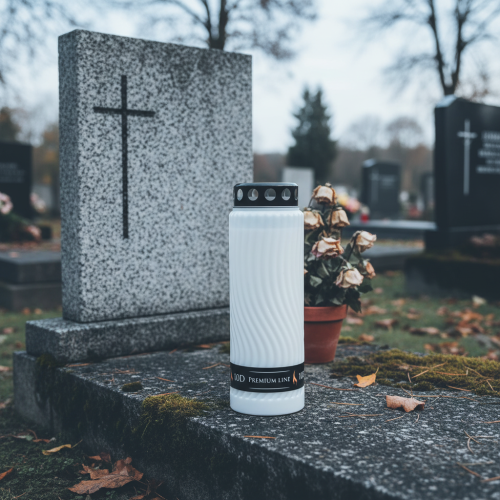 Product Grave candle lid with floral motif, white and black, 10 days, H27cm