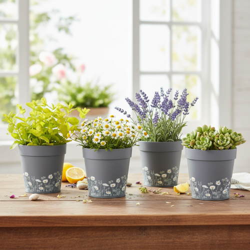 Product Flower pot with floral pattern for modern home and summer balcony decoration, 13cm, 4 pieces