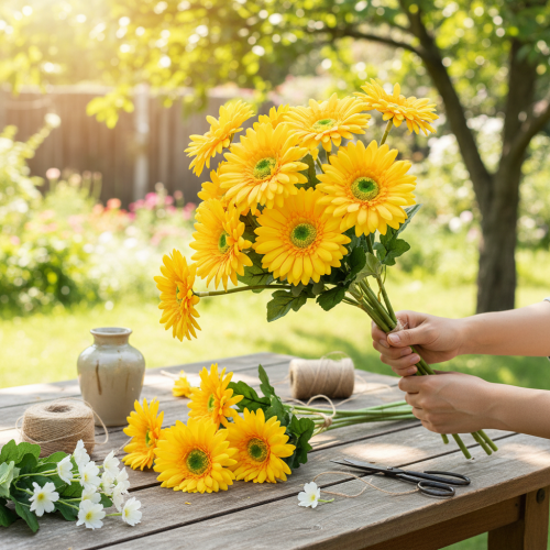 Product Artificial Flowers Gerbera Sun Yellow Garden Flower 47cm