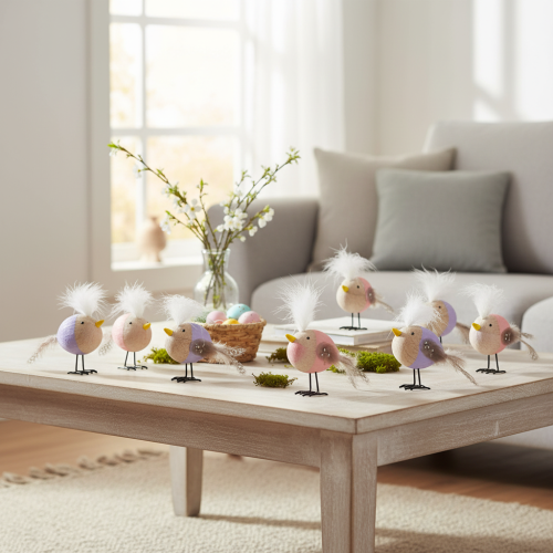 Product Decorative wooden bird with feathers and colorful body for table decoration, 10cm, 6 pieces