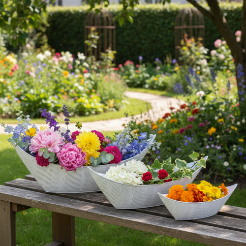 Product Plant pot, boat-shaped, metal, white/silver, 54.5/48/42cm, set of 3