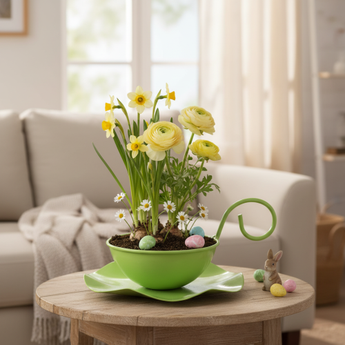 Product Metal decorative cup with saucer, light green, H8cm Ø11.5cm, 2 pieces