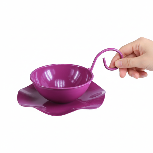 Product Decorative metal teacup on a saucer, purple, Ø11.5cm, H8cm, 2 pieces