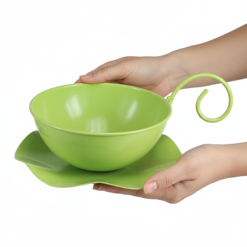 Product Metal decorative cup, apple green, with saucer, H8cm Ø11.5cm, 2 pieces