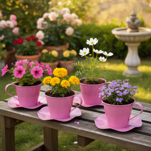 Product Decorative tea cup metal cup with plate pink Ø12 H10cm 8 pcs