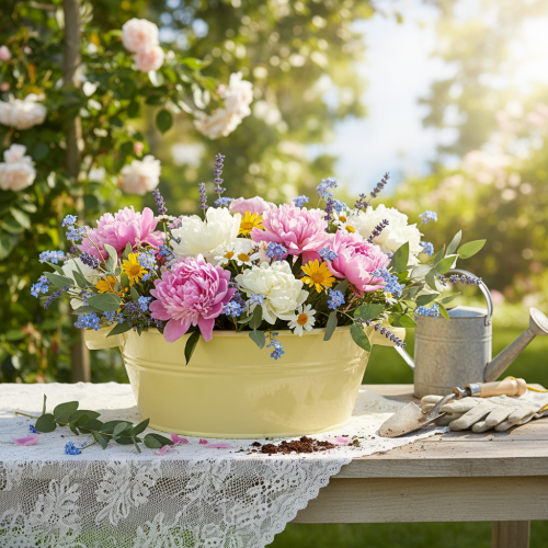 Product Decorative metal bowl, green-yellow, flower bowl with handle, Ø33.5cm