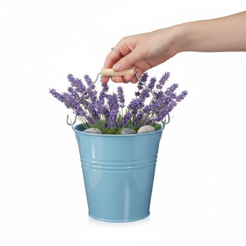 Product Blue metal bucket planter with wooden handle, 26x22.5x23cm