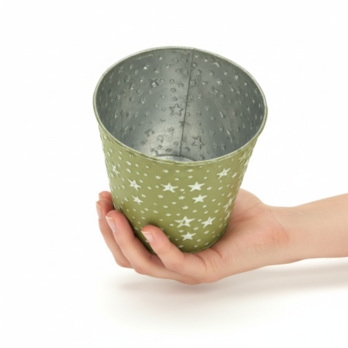 Product Silver and green planter, metal flower pot with stars, Ø14cm