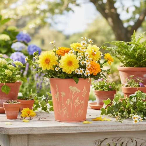 Product Flower pot with floral decoration, apricot yellow, Ø10.5cm H10.5cm