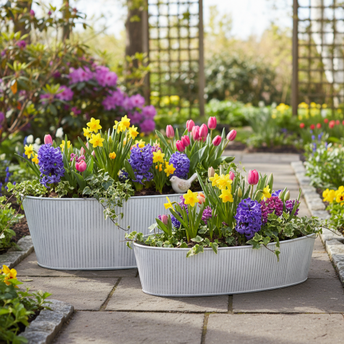 Oval metal bowl in white and silver, 32.5cm/37cm, set of 2. | Floristik24.ie