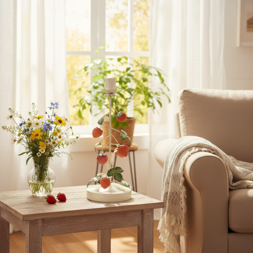 Product Metal taper candle holder with strawberry decoration, cream, round, H26cm