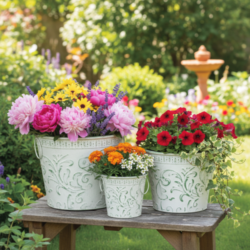 Metal pots with handles, planters with embossing, white, green, shabby chic, H20.5/18.5/16cm, Ø25.5/20.5/15.5cm, set of 3 | Floristik24.ie