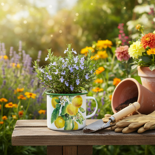 Product Enamel plant pot, decorative pot with lemon branch, Mediterranean style planter Ø9.5cm H10cm
