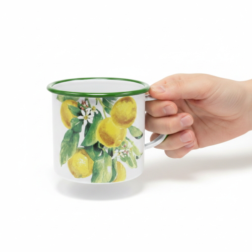 Product Enamel plant pot, decorative pot with lemon branch, Mediterranean style planter Ø9.5cm H10cm