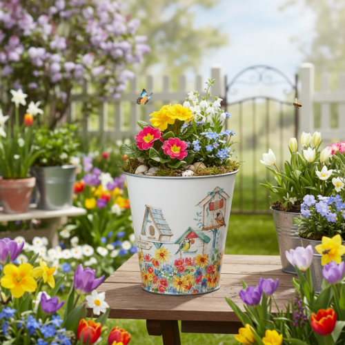Tin pot with birdhouses, summer decoration, planter H14.5cm Ø13.5cm | Floristik24.ie