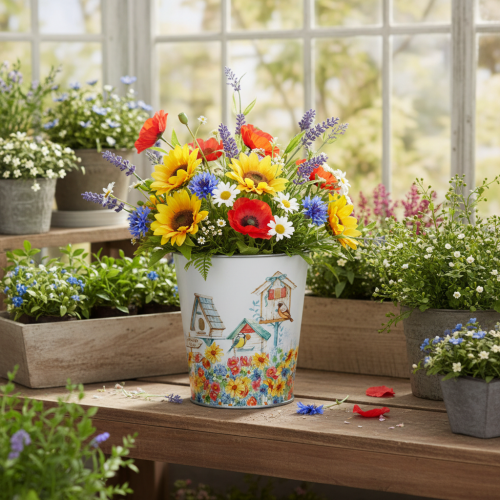 Metal pot with motif, planter with birdhouses, tin bucket H13cm Ø11.5cm | Floristik24.ie