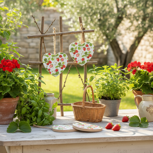 Product Decorative heart with strawberry motif – Summery wooden pendant for country-style decor, 10cm x 10cm, 4 pieces