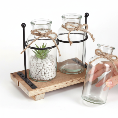 Decorative bottle vase, glass and wood, 23x12x19.5cm, 2 pieces | Floristik24.ie