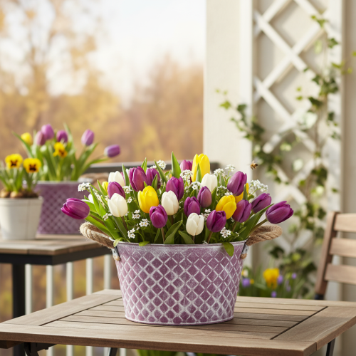 Zinc bowl, diamond shape with rope handles, violet/white washed, Ø24.5cm H14cm | Floristik24.ie
