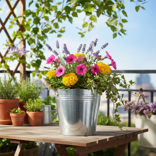 Glossy metal bucket with rope handles, Ø22cm | Floristik24.ie